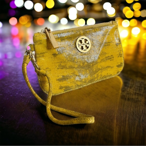 TORY BURCH NEW (lizard?)LEATHER ZIP WRISTLET BAG YELLOW CARSON Mother’s Day gift - Picture 2 of 6